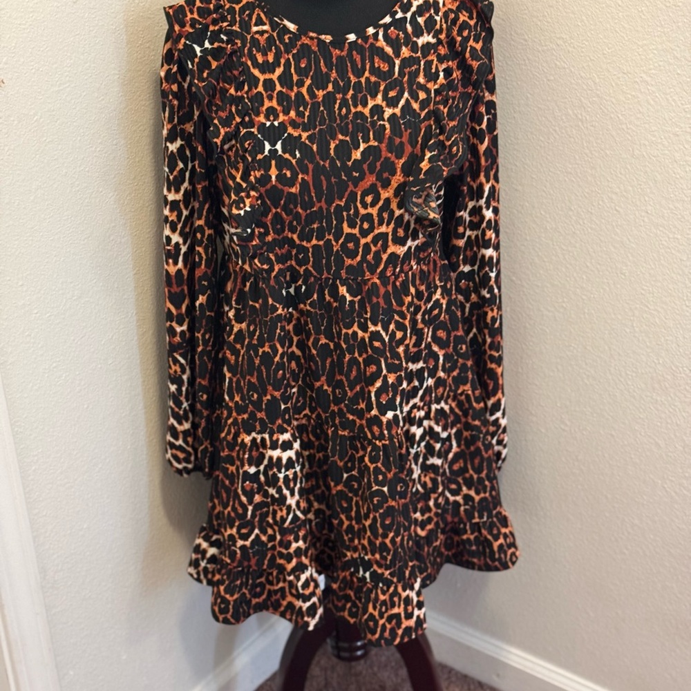 2 FOR $25ASOS DESIGN ANIMAL PRINT RUFFLE FRONT MINI DRESS LONG SLEEVE CHEETAH 8 - Picture 2 of 10